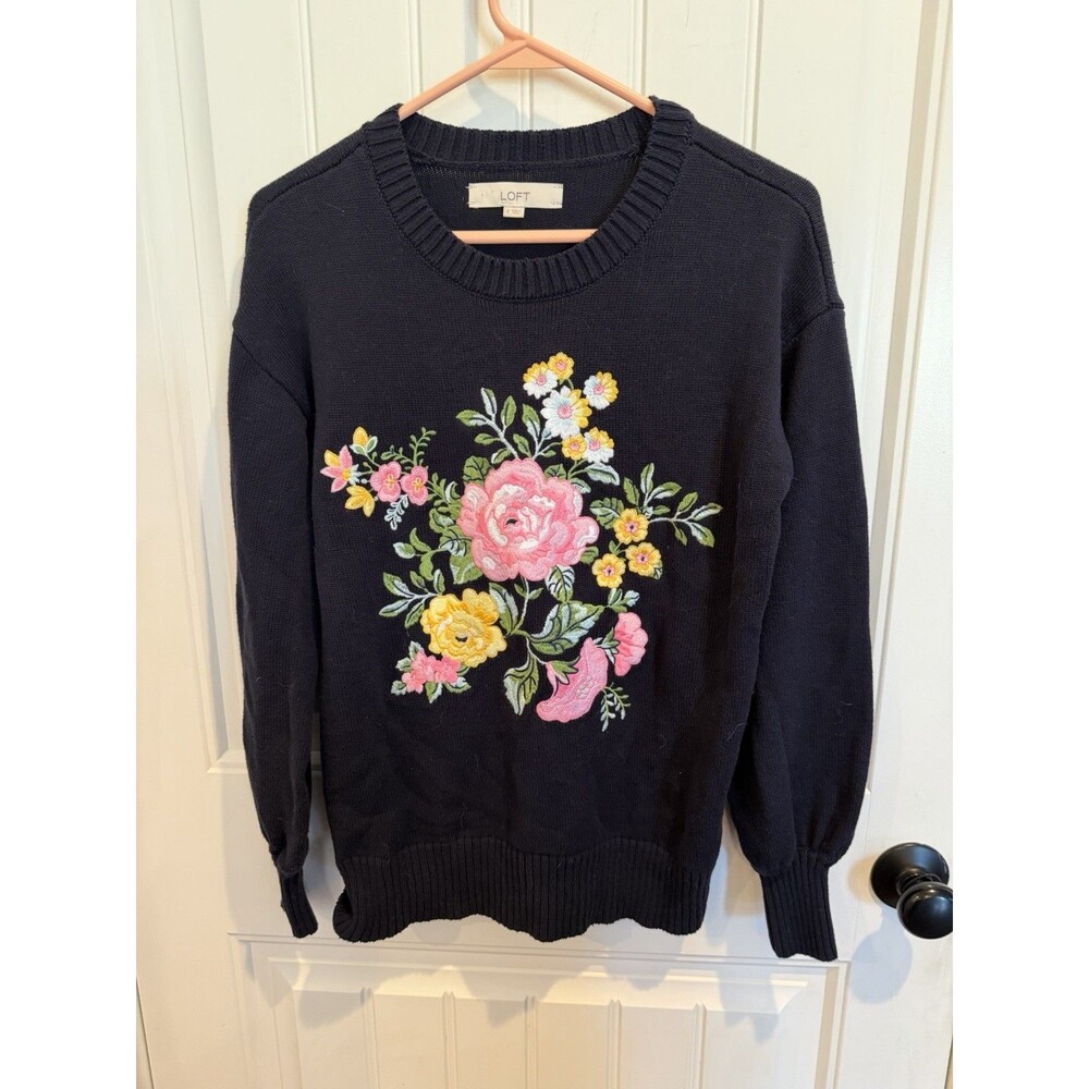 LOFT Womens Small Navy Blue Floral Embroidered Sweater 100% Cotton Crewneck
